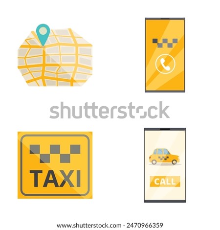 Collection of four flatdesign icons representing taxi services, including map location and call a taxi