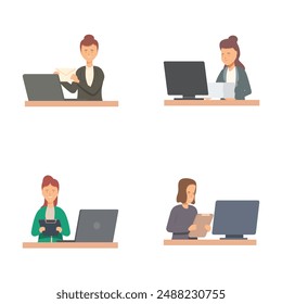 Collection of four flatdesign illustrations featuring professionals working at computers and taking notes
