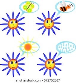 collection of four flower. flower dreaming of sun, butterfly, bee, or rain.