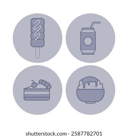 Collection of four food icons with popular snacks and desserts. Skewer treat, beverage can, layered cake, and bowl of ice cream, all designed in minimalistic style