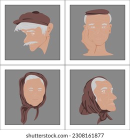 Collection of four frames with images of old men wearing cab and old woman have hair scarf with character on grey background.Vector isolate flat design of Face expressions of seniors man emotions set.