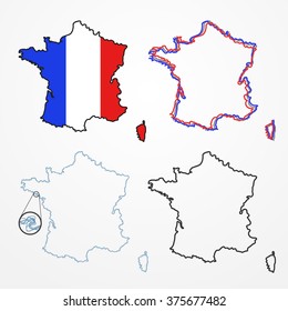 Collection of four France silhouettes - abstract line country borders in different styles