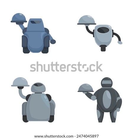 Collection of four friendly robot waiter illustrations in various poses, ideal for tech and service themes
