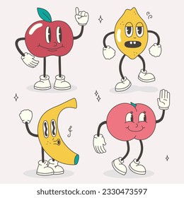A collection of four fruit characters in a groovy style. Vector set with cartoon images of banana, peach, apple and lemon in the retro style of the 70s-80s.