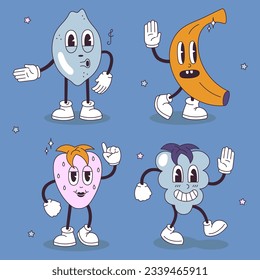 A collection of four fruit characters in a groovy style. Vector set on a blue background with cartoon images of banana, strawberry, blueberry and lime in the style of 70-80s.