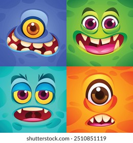 Collection of four funny and quirky cartoon monster faces with unique features. Vector cartoon illustration