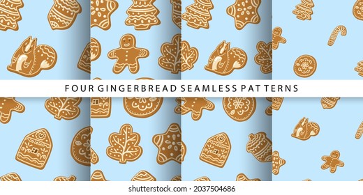 Collection with four Gingerbread seamless patterns. Flat style in Vector illustration. Home bakery, cooking, different shape ornamental cookies, Christmas sweets. Clip art for hand made pastry. 