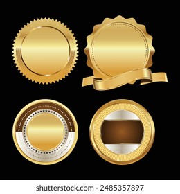 collection of four gold seals and badges features various intricate designs, including a ribbon element, a star border, and a circular pattern with detailed textures.