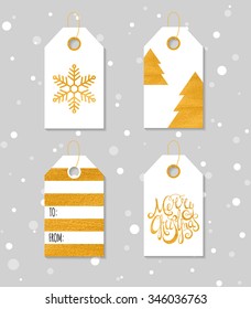 Collection of four gold texture Christmas and New Year gift tags. Set of festive gift tag, sticker and label. Template for banner, invitation, postcard, card, wrapping, packaging. Vector illustration.