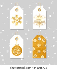 Collection of four gold texture Christmas and New Year gift tags. Set of festive gift tag, sticker and label. Template for banner, invitation, postcard, card, wrapping, packaging. Vector illustration.