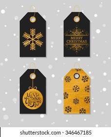 Collection of four gold texture Christmas and New Year gift tags. Set of festive gift tag, sticker and label. Template for banner, invitation, postcard, card, wrapping, packaging. Vector illustration.