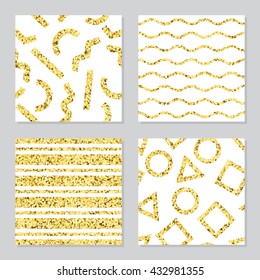 Collection of four golden glitter patterns for birthday, celebration, business cards, wedding invitations, wrapping paper. Set of four vector patterns.