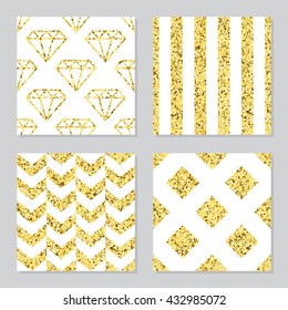 Collection of four golden glitter patterns with stripes, squares, chevrons and diamonds for birthday, greeting, business cards, wedding invitations, wrapping paper. Set of four vector patterns.