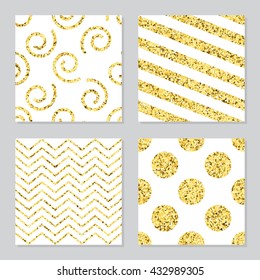 Collection of four golden glitter patterns with zigzag, polka dots, spirals and stripes for birthday, greeting, business cards, wedding invitations, wrapping paper. Set of four vector patterns.