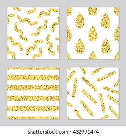 Collection of four golden glitter patterns with waves, drops and stripes  for birthday, greeting, business cards, wedding invitations, wrapping paper. Set of four vector patterns.