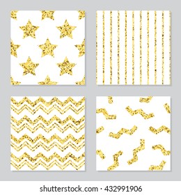 Collection of four golden glitter patterns with stars, lines, zigzag for birthday, greeting, business cards, wedding invitations, wrapping paper. Set of four vector patterns.