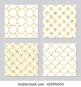 Collection of four golden glitter patterns for birthday, greeting, business cards, wedding invitations, wrapping paper. Set of four vector patterns.
