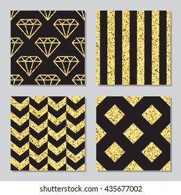 Collection of four golden glitter patterns on black background for birthday, greeting, business cards, wedding invitations, wrapping paper design. Set of four vector patterns.