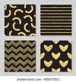 Collection of four golden glitter patterns on black background for birthday, greeting, business cards, wedding invitations, wrapping paper design. Set of four vector patterns.