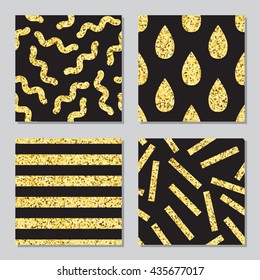 Collection of four golden glitter patterns on black background for birthday, greeting, business cards, wedding invitations, wrapping paper design. Set of four vector patterns.