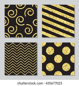 Collection of four golden glitter patterns on black background for birthday, greeting, business cards, wedding invitations, wrapping paper design. Set of four vector patterns.