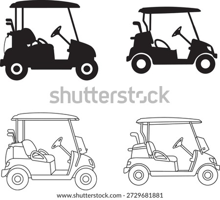 A collection of four golf cart illustrations, including two black silhouettes and two line drawings from different angles.