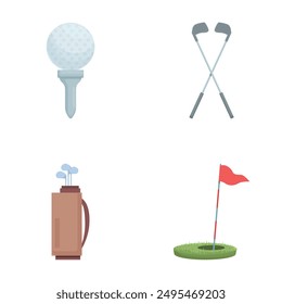 Collection of four golfrelated icons, depicting a ball on tee, clubs, golf bag, and hole with flag