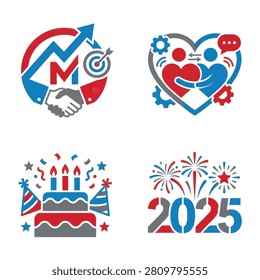 A collection of four graphic icons featuring themes of business partnership relationship love birthday cake celebration and the upcoming new year 2025