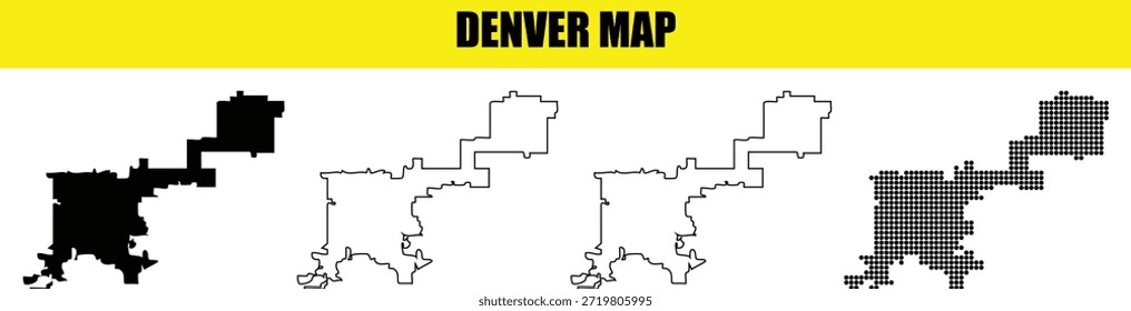 Sammlung von vier grafischen Darstellungen von Denver colorado Stadtgrenzen einschließlich solide schwarz-weiße Umrisse und gepunktete Stil Karten für Kartographie