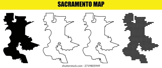 Colección de cuatro representaciones gráficas de los límites de la ciudad de Sacramento California, incluido el contorno blanco negro sólido y las versiones de mapas punteados
