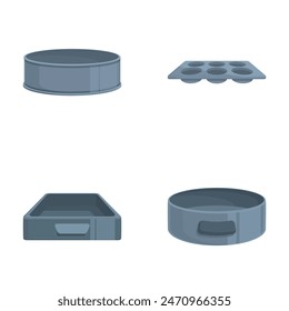 Collection of four gray baking pans in flat design isolated on white background