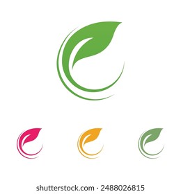 Collection of four green leaf and swirl eco-friendly logos.