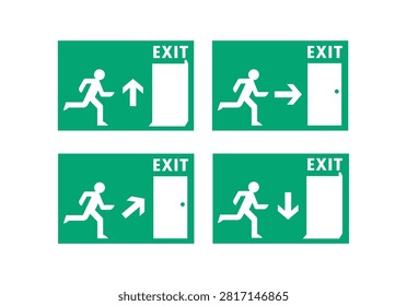 A collection of four green safety exit signs depicting a running person moving toward