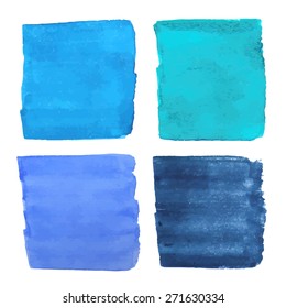 Collection of four hand drawn blue watercolor square shapes and banners. Vector illustration