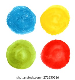 Collection of four hand drawn colored watercolor round shapes and banners. Vector illustration. Blue, yellow, olive and red colors