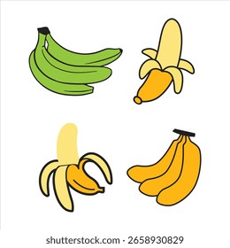 Una colección de cuatro ilustraciones dibujadas a mano de plátanos maduros y no maduros con pelado
