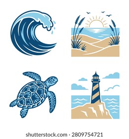 A collection of four hand drawn style vector icons depicting a curling ocean wave beach dunes at sunset a swimming sea turtle and a lighthouse on a cliff