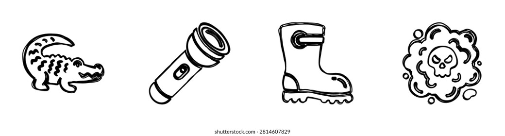 A collection of four hand-drawn icons representing a playful alligator, a portable flashlight, a sturdy boot, and a skull-shaped toxic gas cloud