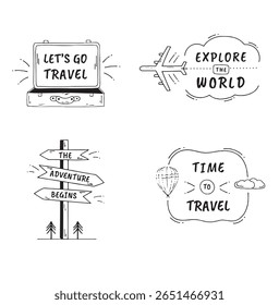 A collection of four hand-drawn illustrations related to travel.