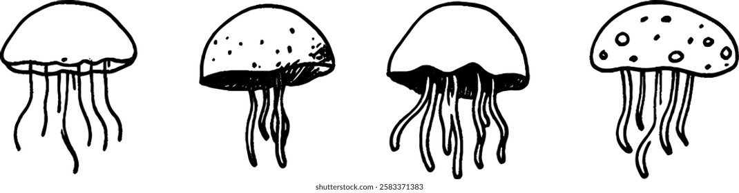 A collection of four hand-drawn jellyfish illustrations, each with unique shapes and patterns. The first jellyfish is simple and smooth, the second has a dotted cap, the third features a wavy edge, an