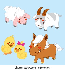 Collection of four happy farm animals isolated