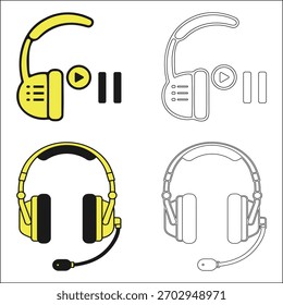 Eine Sammlung von vier Headset-Symbolen, die perfekt für die Darstellung von Audio, Kommunikation oder Technologie geeignet sind. Einzeln auf weißem Hintergrund für einfache Integration in Designs.
