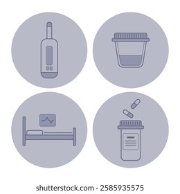 Collection of four health-related icons including thermometer, medication container, hospital bed, and specimen cup. Health and wellness concept