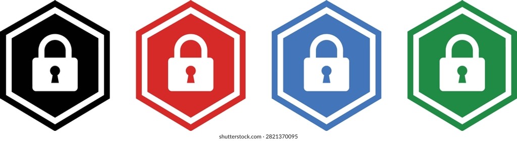 Collection of four hexagon-shaped security icons, each with a padlock and keyhole in black, red, blue, and green, outlined on a transparent background.