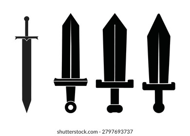 A collection of four high quality black silhouette vector illustrations depicting various medieval style swords with unique hilts and blades shown on a solid white background suitable for fantasy art projects or historical weapon design research