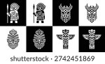 Collection of four highly stylized black and white mono line vector icons representing indigenous culture, featuring a warrior, horned mask, tribal face, and totem pole.