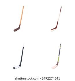 Collection of four ice hockey sticks with various designs, isolated on a white background