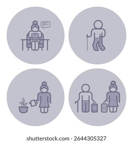 Collection of four icons featuring elderly individuals engaged in various activities such as using tablet, walking with cane, gardening, and traveling