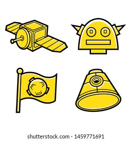 Collection Of Four Icons Of: A Communication Satellite, A Robot, A Space Flag And A Reentry Capsule; In A Graphic Style Very Simple, To Use Like A Logo, Design Element Or Similar Thing. Cartoon Style.