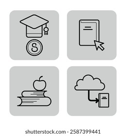 Collection of four icons representing education. Graduation cap with dollar sign, book with pointer, apple on books, and cloud with document
